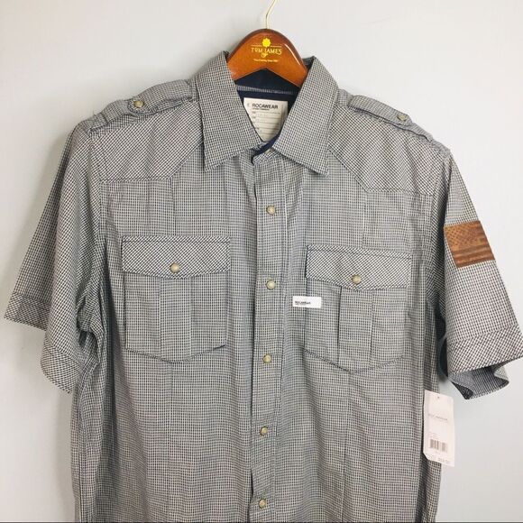 Rocawear Button Down Shirt Leather America Flag Micro Plaid Blue Green XL 2011 - Picture 2 of 13